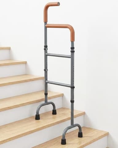 20-Level Adjustable Stair Climbing Assist Cane & Elderly Stair Lift Assist with Anti-Slip Handle & Stabilizing Feet, 300lbs Capacity for Seniors, Standard Steps-Patent Pending (grey)