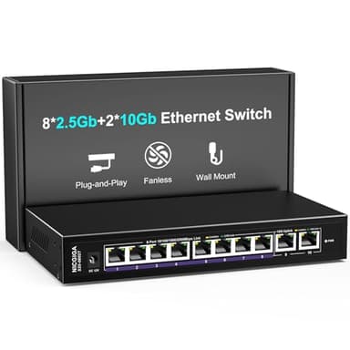10Gbe Ethernet Switch Unmanaged with 2 x 10Gb RJ45 Ports ➕ 8 x 2.5Gb Base-T Ports, Desktop/Wall Mount NICGIGA 10 Port 10Gbps Network Switch for Wireless AP, NAS, PC