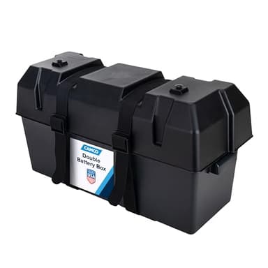 Camco Double Battery Box - Safely Stores RV, Automotive, and Marine Batteries - Features a Heavy-Duty Corrosion-Resilient Polymer Construction and Measures Inside 21-1/2" x 7-3/8" x 11-3/16" (55375)