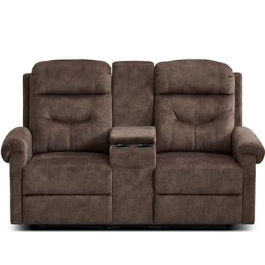 DRMBOOK RV Loveseat Recliner Sofa with Console, Velvet Fabric Double Wall Hugger Reclining Couch Manual Home Movie Seating 2 Person Recliner Chair with Cup Holders/Storage/Pocket/Lumbar Pillow, Brown