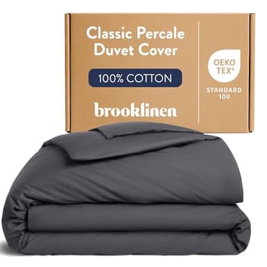 Brooklinen Luxury Percale Duvet Cover – 100% Cotton, Cool, Crisp, Extra-Long Corner Ties, Button Closure, Soft & Breathable – Machine Washable, Duvet Cover Full/Queen Bed Sizes (Slate)