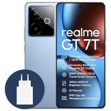 realme GT 7T 5G Smartphone 12+256GB, IceSense Blue, 6.8 inch Screen, 120Hz Display, 120W Ultra Charge, 7000mAh Battery, 58MP AI Camera, MediaTek Dimensity 8400 Chipset, IP68