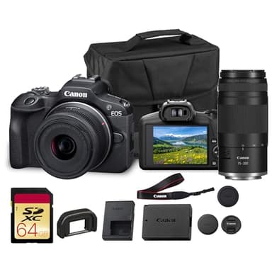 Canon EOS R100 Mirrorless Camera Double Lens Kit with RF-S 18-45mm and RF 75-300mm Lenses | Compact 24.2MP APS-C Camera with 4K Video, Dual Pixel Autofocus with Bag and 64GB Card