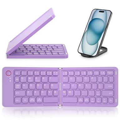 JPHTEK Mini Foldable Bluetooth Keyboard - Portable Wireless Full Size Keyboard (Sync Up to 3 Devices), Ultra-Slim Aluminum Travel Folding Keyboards for iPhone iPad Mac Android Windows iOS (Purple)