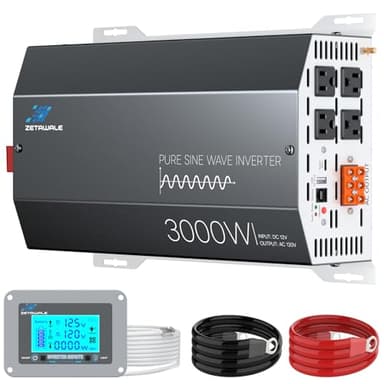 3000 Watts Pure Sine Wave Inverter 12V DC to 110V/120V AC Converter, 6000W Peak, LCD Remote Control, 4 AC Outlets, USB & Type-C – for RV, Truck, Off-Grid Solar System, Emergency Power