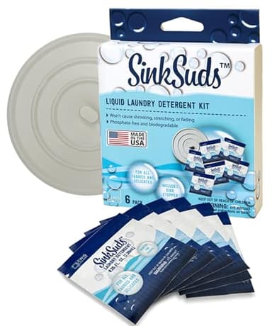 SinkSuds Laundry Detergent Travel Size Liquid Soap TSA Compliant Safe for All Fabrics 6 Packets & 1 Sink Stopper