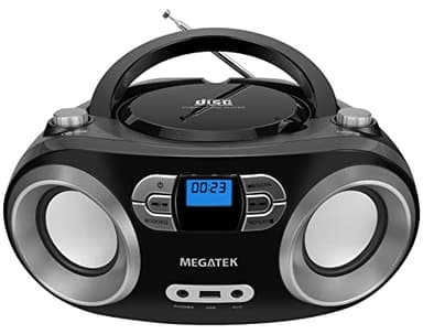 MEGATEK Portable CD Player Boombox with FM Radio, Bluetooth, USB Port, AUX Input, and Headphone Jack – CD-R/CD-RW/MP3-CD Compatible, Clear Stereo Sound, Backlit LCD Display – Black