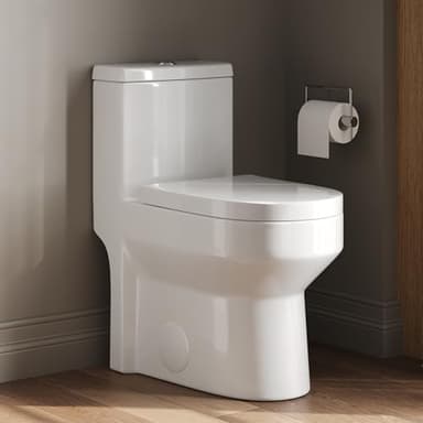 DeerValley Compact One Piece Toilet with Comfortable Seat Height Modern Standard Toilet for Small Bathroom Dual Flush 1.1/1.6 GPF Powerful & Quiet 12'' Rough-In Skirted Toilets