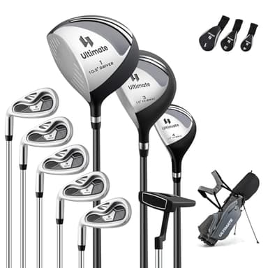 ULTIMATE Left Handed Golf Clubs for Men, 10pcs Men's Complete Golf Club Set Includes 460cc #1 Driver, #3 Fairway Wood, #4 Hybrid, #6/#7/#8/#9/#P Irons, Putter (Grey)