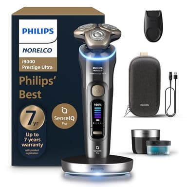 Philips Norelco Shaver i9000 Prestige Ultra, Wet & Dry Electric Shaver, Dark Slate, SenseIQ Pro Technology, Triple Lift & Cut System, 360 Rotating NanoTech Precision Blades, Quick Clean Pod, XP9402/86