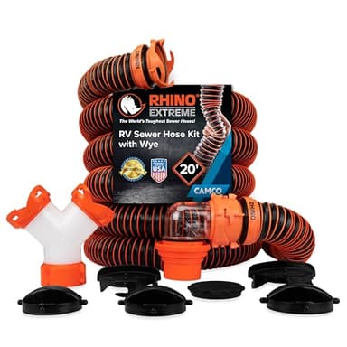 Camco RhinoEXTREME 20’ Camper/RV Sewer Hose - RV Accessories Include 360° Clear Swivel Wye Fitting & Removable 4-in-1 Adapter for Storage and Organization & More - TPE Tech for Durability (21056)