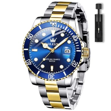 OLEVS Men's Watches Blue Face Stainless Steel Analog Submariner Watch for Men Two Tone Band Waterproof Diver Men's Wrist Watches with Date Rotating Bezel Casual Luminous Men Dress Watch Easy to Read