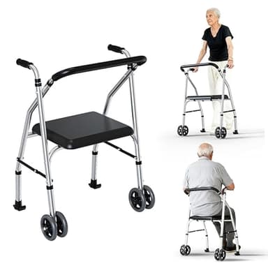 FUSHIDE Walkers for Seniors, Standard Walker with Seat, Adjustable Two-Wheeled Walker with 5”Wheels, Lightweight, Supports 300lbs, Compact Travel Walker, Suitable for use in Car