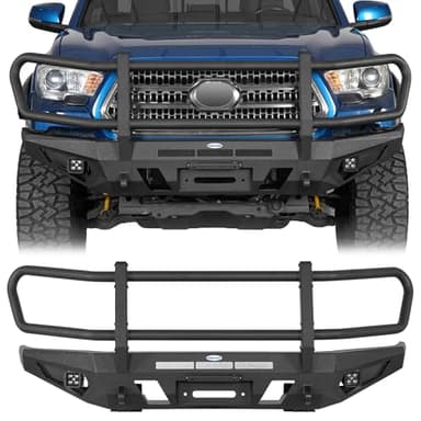 Hooke Road Tacoma Winch Front Bumper Brush Grille Guard for 2016-2023 Toyota Tacoma 3rd Gen Pickup, Solid Steel Rock Crawler Bumper with Push Bull Bar, LED Lights, D-ring Mounts