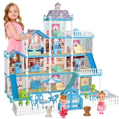 OCRETIC Doll House for Girls,13 Rooms Dollhouse with 2 Dolls, Lights, Figure, Puppies,Furnitures, Accessories, Toddler Playhouse Gift for for 3 4 5 6 7 8 9 10 Year Old Girls Toys (Blue)