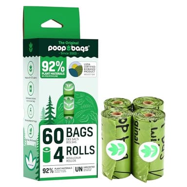 The Original Poop Bags – 92% Plant-Based Dog Waste Bags, USDA Certified Biobased, Extra-Thick & Leakproof, Unscented, 60 Bags (4 Leash Rolls)