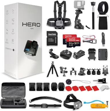 GoPro Hero (Go Pro Hero) Black Compact - Waterproof Action Camera with 4K Ultra HD Video, 12MP Photos + 50-in-1 Accessory Kit + 2 X 64GB Card + More