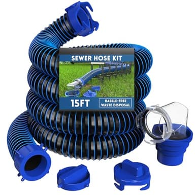 DUMPMAN RV Sewer Hose 15 FT, Sewer Hose for RV Camper RV, Sewer Hose Kit with Swivel Fitting - Includes 90 Degree Clear View Sewer Adapter, and 2 Storage Caps