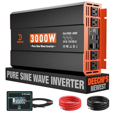 3000 Watt Pure Sine Wave Inverter 12V DC to 110V/120V AC Converter for RV/Truck/Home/Off-Grid Solar Car Power Inverter for Vehicles with 4 AC, 2 USB & 1 Type-C Ports, Remote Controller Cable Included