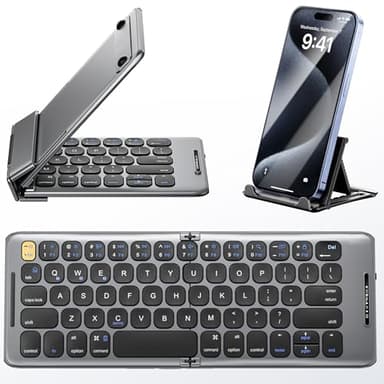 PuechAxe Foldable Bluetooth Keyboard with Stand Holder, Rechargeable Pocket Size Folding Travel Keyboard for iPhone, iPad, Tablet, Laptop, Smartphone, B088