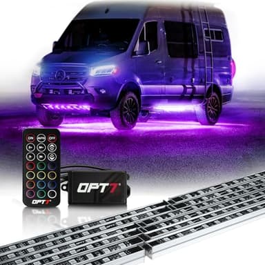 OPT7 Aura Aluminum Underglow for RV Exterior Lights w/Remote Control, 12V LED Waterproof Light Bars, Camper Van Neon Underbody Lighting Kit, RGB Multicolor Motorhome Travel Trailer Decoration