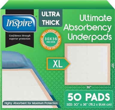Inspire Extra Large Super Absorbent Disposable Bed Pads for Chronic Incontinence Ultra Thick and Absorbent Bed Pads Disposable Adult | Pee Pads for Adults (30" X 36" Pack of 50)