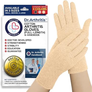 Doctor Developed Nude Arthritis Gloves/Skin Gloves and Doctor Written Handbook - Soft with Mild Compression, for Arthritis, Raynauds Disease & Carpal Tunnel (Full-Finger, Small)