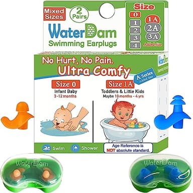 WaterDam A-Series Swimming Ear Plugs Ultra Comfy Great Waterproof Earplugs (Mixed Sizes, Size 0+1A: Infants Babies Toddlers 3-18months (Orange Blue))