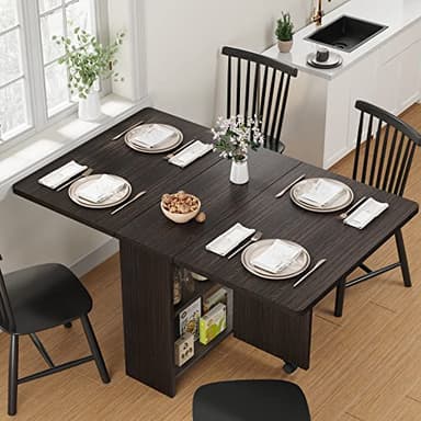 IDEALHOUSE FoldingTable, Drop Leaf Dining Table with 6 Wheels and 2-Layer Storage Shelf, Space Saving Table for Small Spaces (Dark Walnut, 50.1" D x 31.4" W x 29.5" H)