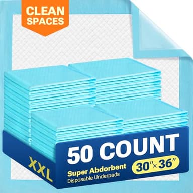 CLEAN SPACES 30" x 36" 50 Count Super Absorbency Disposable Bed Pads for Adults, Leakproof Quick Drying Underpads for Adults Baby Puppy, Incontinence Pads, Puppy Pad Dog Training Pee Pads