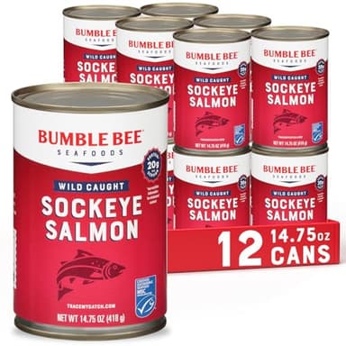 Bumble Bee Canned Red Sockeye Salmon, 14.75 oz Cans (Pack of 12) - Premium Wild Caught Salmon with Skin & Bones - 20g Protein - MSC Certified Sustainable Seafood, Non-GMO, Gluten Free, Kosher