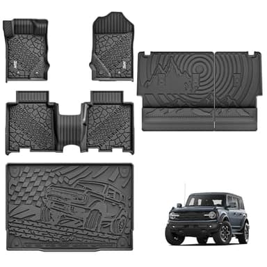 3W Ford Bronco Floor Mats & Cargo Liner & Back Seat Cover Custom Fit for 2021 2022 2023 2024 2025 Bronco 4 Door All Weather Custom Fit Ford Bronco Accessories (Not for Sport & Rubberized Floor)