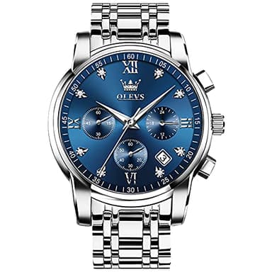 OLEVS Men's Diamond Watches Blue Dial Roman numerals Chronograph Watches for Men Stainless Steel Band Fashion Luminous Hands Multi-Function Quartz Watch Water Resistant Silver Tone Men Watch with Date