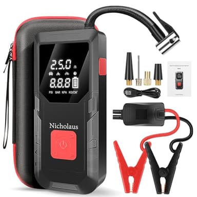 Nicholaus 12 V Car 8000 mAh Battery Jump Starter 2800A with 150psI Air Compressor, Compact and Practical Edition QB08L Safe Smart, Portable Jump Box and Charger for 6.0L Gas and 3.0L Diesel Engines.