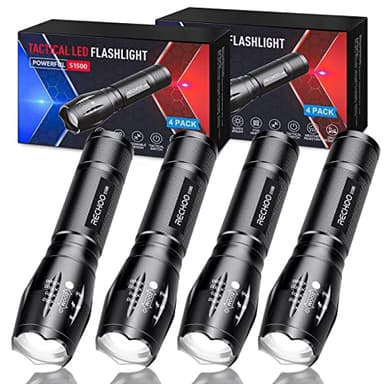 RECHOO Tactical Flashlight 4 Pack, Bright Zoomable LED Flashlight with High Lumens and 5 Modes, Waterproof Portable Pocket Flash Light for Emergency, Camping, and Outdoor Use - S1500