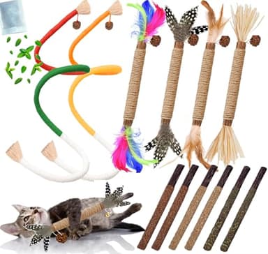 GREMBEB Cat Toys 12PCS Catnip Toy for Indoor Kitten Toys Cat Chew Stick for Dental Cleaning Teeth Cat Silvervine Matatabi Rope Treat Kitty Feather Snack for for Kick Molar Scratch Self Play