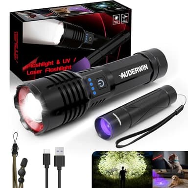 AUDERWIN G5 Rechargeable Flashlights 10000 High Lumens, EDC Flashlight with 365nm Black Light UV Flashlight & Laser Pointer for Emergency Detection Camping, Multifunctional 2-in-1 Set Gifts for Men