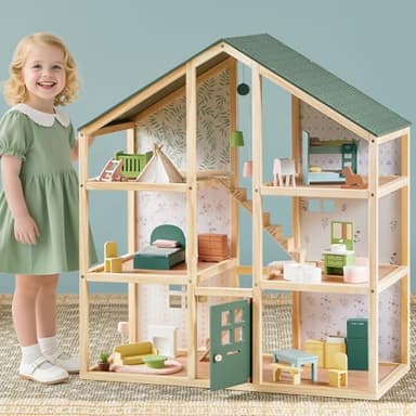 Tiny Land Wooden Dollhouse for Girls - 6 Rooms Wooden Doll House, DIY Pretend Doll House with 31Pcs Furniture Accessories, Creative Gift for Girl Ages 3+, Green