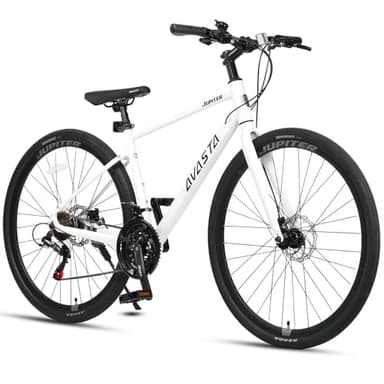 AVASTA 700C Road Adult Step-Over Gravel Hybrid Bike Bicycle for Men Woman Male Female,Lightweight Aluminum Alloy Frame with 21-Speed Gearing for City Commuting,Dual Disc Brakes,19 inch Frame,White