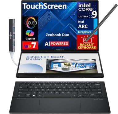 ASUS Zenbook Duo ux8406 AI Powered 2-in-1 Laptop 14.0" Touchscreen OLED 3K 120Hz Display (Intel Ultra 9-285H, 32GB LPDDR5X, 4TB PCIe SSD, Active Pen, Backlit KB, Win 11 Pro) w/DKZ USB Port Expander