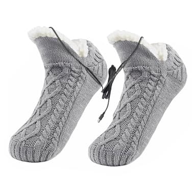 USB Heated Fleece Fuzzy Socks Thermal Home Slipper Socks Fluffy Winter Electric Feet Heating Pad Knit Wool Cozy Foot Warmers Non Slip Grips Ankle Socks Christmas House Slippers for Women Men