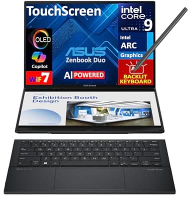 ASUS Zenbook Duo AI Powered 2-in-1 Laptop 14.0" Touchscreen OLED 2.8K Display (Intel Ultra 9-285H, 32GB LPDDR5X, 1TB SSD, Active Pen, Backlit KB, 2 Thunderbolt 4, Win 11 Home) (Renewed)