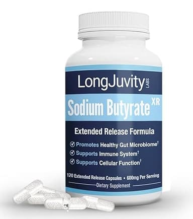 LongJuvity Sodium Butyrate Supplement (300mg) - Naturally Sourced Postbiotic - Optimal Gut Health & Leaky Gut Repair - Postbiotic Short Chain Fatty Acid, Lab Tested (120 Extended Release Caps)