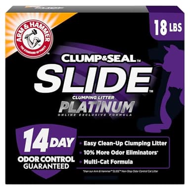 ARM & HAMMER Clump & Seal SLIDE Platinum Multi-Cat Clumping Cat Litter, 14-Day Odor Control, EZ Clean Technology, 18 lbs – No Scrubbing, Powerful Odor Eliminator