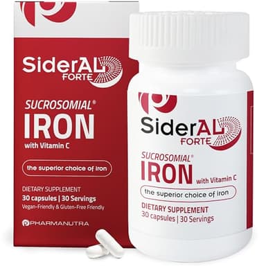 SiderAL Forte Iron Supplement Clinically Proven to Increase Levels Without Side Effects | Sucrosomial High Absorption Gentle Iron Pills for Women and Men | Vitamin C | Anemia & Energy Support | 30 ct