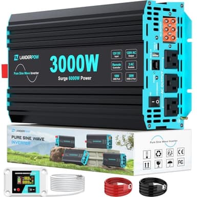 LANDERPOW 3000 Watt Pure Sine Wave Inverter 12V DC to 120V AC for RV, Truck, Solar, Home, Off-Grid, Power Inverter with 3 AC Outlet, 30W USB-C, 5V 3.1A USB, Hardwire Port, Remote Control, Surge 6000W