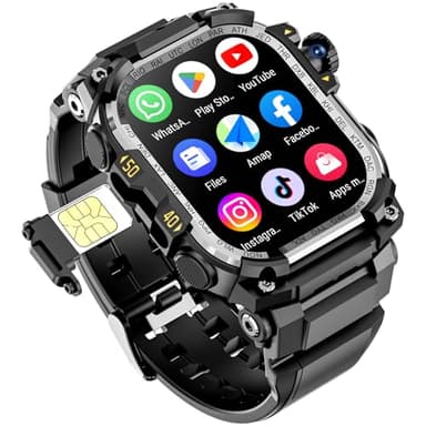 4G SIM Card Android Smartwatch with GPS & WiFi, Military Outdoor Watch for Men, App Downloadable, 2.06" AMOLED Large Screen for Video Chat, HD 180° Rotatable Camera, Health Activity Tracker (Black)