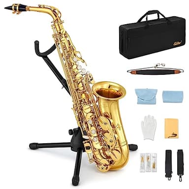 Eastar Student Alto Saxophone E Flat for Beginner Sax Full Kit with Carrying Case, Mouthpiece, Straps, Reeds, Stand, Golden Lacquer, AS-Ⅱ