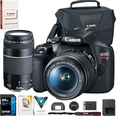 Canon EOS Rebel T7 DSLR Camera with EF18-55mm + EF 75-300mm Double Zoom Kit 2727C021 Bundle with Lexar Premium 64GB SDXC Memory Card, Deco Essentials Camera Bag and Corel Photo Video Suite