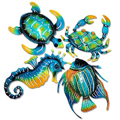 Set of 4 Metal Outdoor Wall Art Decor, Blue Turtle Fish Crab and Seahorse Suitable for Beach Ocean Pool Decor, Metal Yard Fence Garden Children Room Bathroom Livingroom Wall Decoration